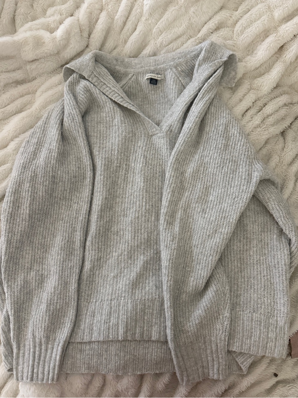 Cozy Grey Ribbed V-Neck collared Sweater - Woman